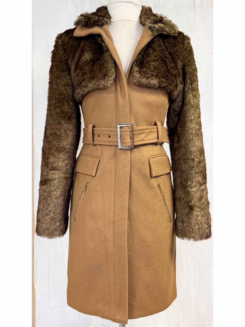 NWT Hazel Camel Tan 70% Wool Faux Fur Mixed Panel Belted Midi Coat S